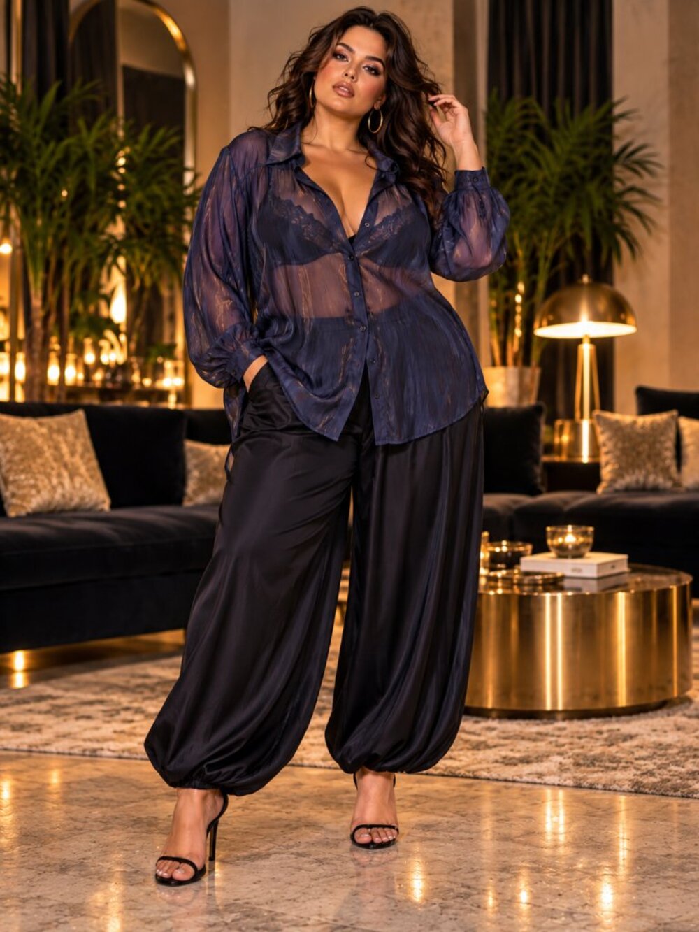 Torrid Size 2 2X Midnight Navy Sheer Button-Front Blouse Long Sleeve